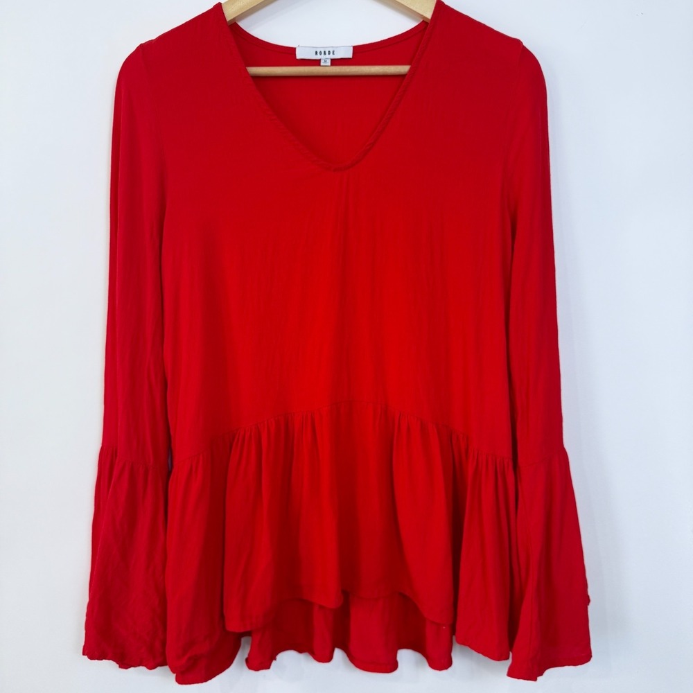 Ro&De Ruffle Hem Blouse Top M Red Bell Sleeves‎ Flowy Boho Lightweight